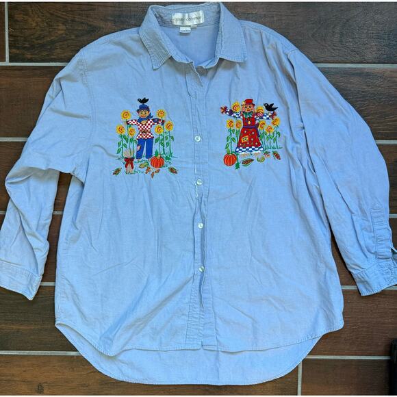 Vintage 90s Fall/Pumpkin Emroidered Chambray Button Up 0X - Picture 1 of 7